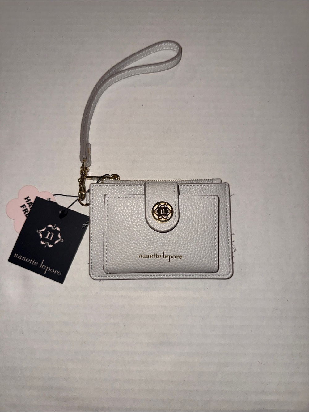 Nanette Lepore White Pebbled Wristlet Card Case with Gold Accent